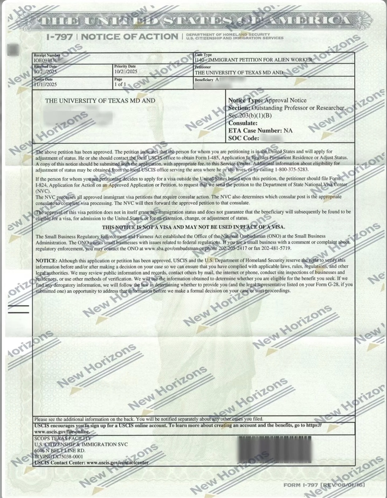 Redacted EB-1B I-797 approval notice for a University of Texas institution