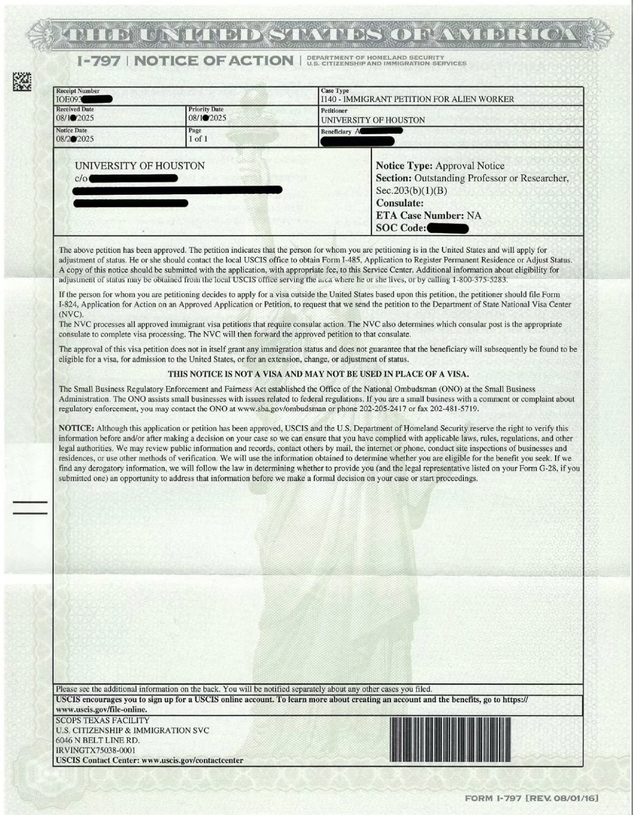 Redacted EB-1B I-797 approval notice for the University of Houston