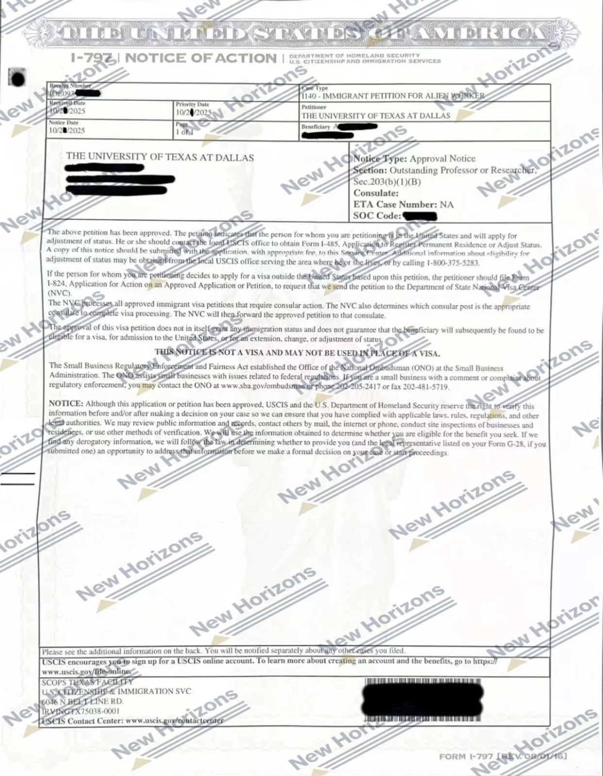 Redacted EB-1B I-797 approval notice for the University of Texas at Dallas