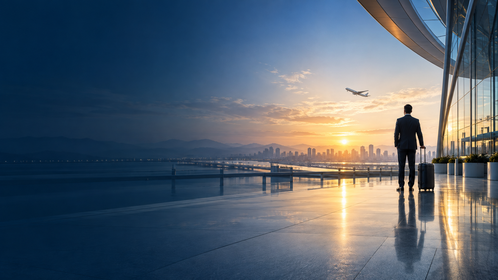International traveler facing a new horizon at sunrise